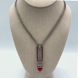 Chico's Pendant Necklace Womens Silver Tone Red Rhinestone Regency Art Deco Chic